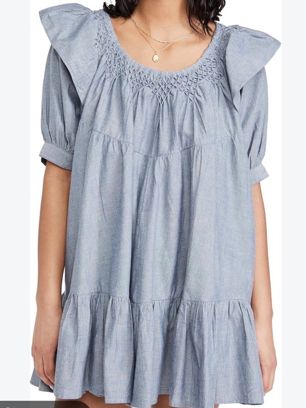 Free People Light Blue Chambray Smocked Yoke Mini Dress